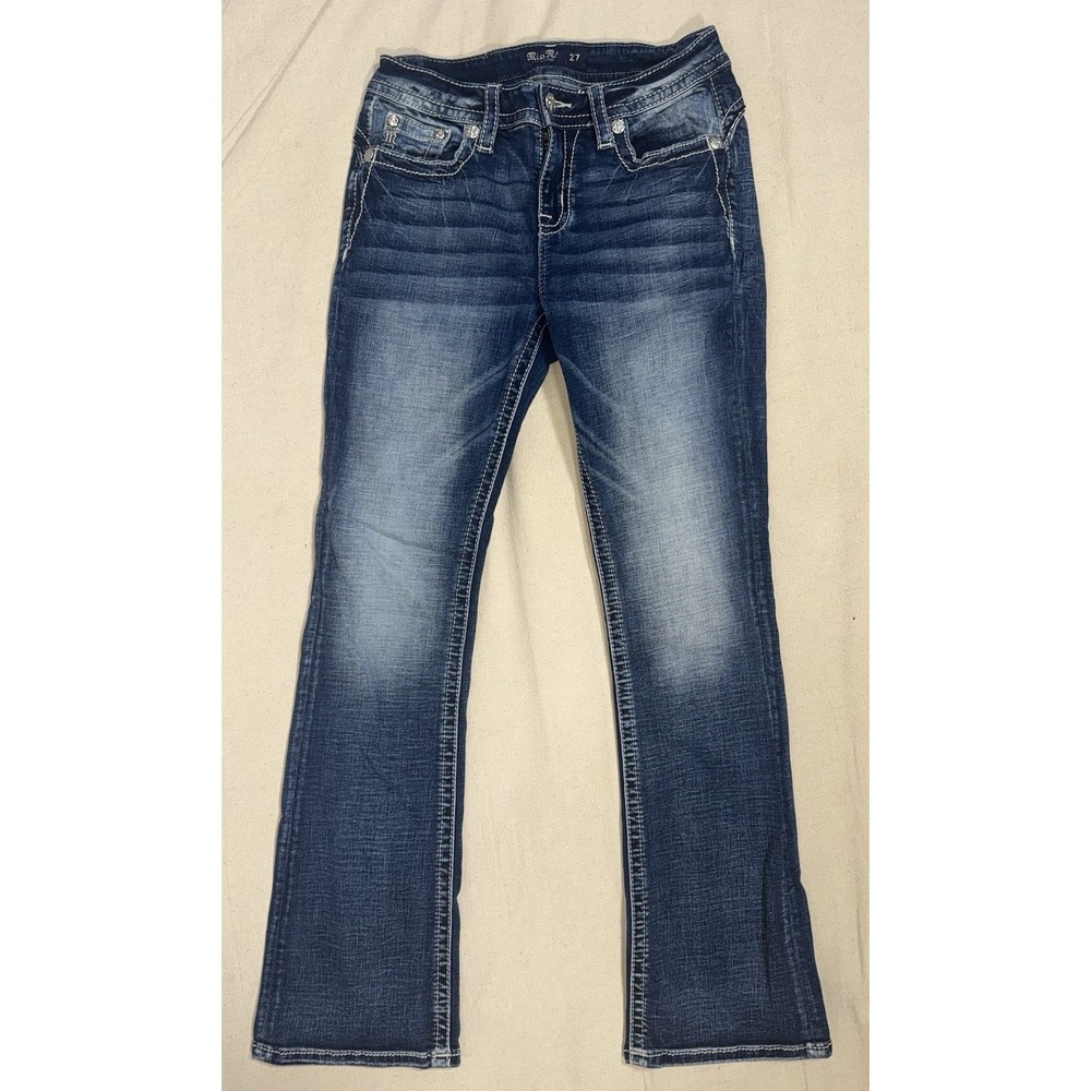 Miss Me Mid Rise Boot Denim Jeans 27 x 32 Medium Wash Embroidered Wings Bling